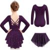 Zaclotre Ballet Leotards for Girls Long Sleeve Crisscross Back Dance Outfit with Removable Shiny Skirt Leotard Combo(Dark Purple)