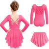 Zaclotre Ballet Leotards for Girls Long Sleeve Crisscross Back Dance Outfit with Removable Shiny Skirt Leotard Combo(Hot Pink)