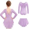 Zaclotre Ballet Leotards for Girls Long Sleeve Crisscross Back Dance Outfit with Removable Shiny Skirt Leotard Combo(Lilac)