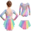 Zaclotre Ballet Leotards for Girls Long Sleeve Crisscross Back Dance Outfit with Removable Shiny Skirt Leotard Combo(Rainbow Leopard)