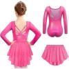 Zaclotre Ballet Leotards for Girls Long Sleeve Crisscross Back Dance Outfit with Removable Shiny Skirt Leotard Combo(Shiny Pink)