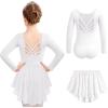 Zaclotre Ballet Leotards for Girls Long Sleeve Crisscross Back Dance Outfit with Removable Shiny Skirt Leotard Combo(White)
