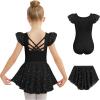 Zaclotre Ballet Leotards for Girls Toddler Ruffle Sleeve Crisscross Back Dance Dress Outfit with Removable Skirt Combo(Black)