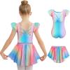Zaclotre Ballet Leotards for Girls Toddler Ruffle Sleeve Crisscross Back Dance Dress Outfit with Removable Skirt Combo(Rainbow Mermaid)