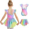 Zaclotre Ballet Leotards for Girls Toddler Ruffle Sleeve Crisscross Back Dance Dress Outfit with Removable Skirt Combo(Shiny Rainbow)