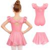 Zaclotre Ballet Leotards for Girls with Removable Skirt Toddler Ruffle Sleeve Bow Back Dance Dress Combo(Dark Pink)