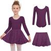 Zaclotre Girls Ballet Leotards 2Pcs Long Sleeve Shiny Squins Dance Dresses Toddler Ballerina Outfit for 3-11Y(Dark Purple)