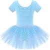 Zaclotre Girls Ballet Leotards Short Sleeve Bow Back Tutu Ballerina Costume Toddler Dance Dress Outfit Combo(Blue)
