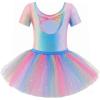 Zaclotre Girls Ballet Leotards Short Sleeve Bow Back Tutu Ballerina Costume Toddler Dance Dress Outfit Combo(Rainbow Mermaid)