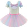 Zaclotre Girls Ballet Leotards Short Sleeve Bow Back Tutu Ballerina Costume Toddler Dance Dress Outfit Combo(Sparkle Rainbow)
