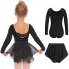 Zaclotre Girls Ballet Leotards Toddler Long Sleeve Crisscross Back Dance Dress Outfit with Removable Shiny Skirt Combo(Black)