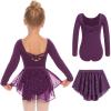 Zaclotre Girls Ballet Leotards Toddler Long Sleeve Crisscross Back Dance Dress Outfit with Removable Shiny Skirt Combo(Dark Purple)