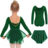 Zaclotre Girls Ballet Leotards Toddler Long Sleeve Crisscross Back Dance Dress Outfit with Removable Shiny Skirt Combo(Green)