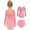 Zaclotre Girls Ballet Leotards Toddler Long Sleeve Crisscross Back Dance Dress Outfit with Removable Shiny Skirt Combo(Pink)