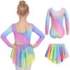 Zaclotre Girls Ballet Leotards Toddler Long Sleeve Crisscross Back Dance Dress Outfit with Removable Shiny Skirt Combo(Shiny Rainbow)