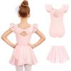 Zaclotre Girls Ballet Leotards Toddler Ruffle Sleeve Bow Back Dance Outfits Leotard with Removable Shinny Skirt Combo(Ballet Pink)