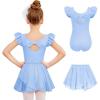 Zaclotre Girls Ballet Leotards Toddler Ruffle Sleeve Bow Back Dance Outfits Leotard with Removable Shinny Skirt Combo(Blue)