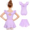 Zaclotre Girls Ballet Leotards Toddler Ruffle Sleeve Bow Back Dance Outfits Leotard with Removable Shinny Skirt Combo(Lavender)