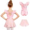 Zaclotre Girls Ballet Leotards Toddler Ruffle Sleeve Bow Back Dance Outfits Leotard with Removable Shinny Skirt Combo(Pink Tie Dye)