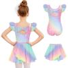 Zaclotre Girls Ballet Leotards Toddler Ruffle Sleeve Bow Back Dance Outfits Leotard with Removable Shinny Skirt Combo(Rainbow Star)