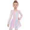 Zaclotre Gymnastics Ballet Leotards for Girls Mesh Puff Long Sleeve Leotard for Dance(Gradient Rainbow)