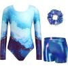 Zaclotre Gymnastics Leotards for Girls Long Sleeve Sparkly Dance Unitards Biketards with Tumbling Shorts(Blue Marble)