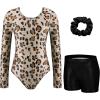 Zaclotre Gymnastics Leotards for Girls Long Sleeve Sparkly Dance Unitards Biketards with Tumbling Shorts(Brown Leopard)