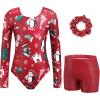 Zaclotre Gymnastics Leotards for Girls Long Sleeve Sparkly Dance Unitards Biketards with Tumbling Shorts(Christmas)
