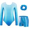 Zaclotre Gymnastics Leotards for Girls Long Sleeve Sparkly Dance Unitards Biketards with Tumbling Shorts(Gradient Blue)