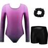Zaclotre Gymnastics Leotards for Girls Long Sleeve Sparkly Dance Unitards Biketards with Tumbling Shorts(Gradient Purple)
