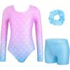 Zaclotre Gymnastics Leotards for Girls Long Sleeve Sparkly Dance Unitards Biketards with Tumbling Shorts(Mermaid)