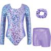 Zaclotre Gymnastics Leotards for Girls Long Sleeve Sparkly Dance Unitards Biketards with Tumbling Shorts(Purple Leopard)