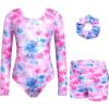 Zaclotre Gymnastics Leotards for Girls Long Sleeve Sparkly Dance Unitards Biketards with Tumbling Shorts(Purple Tie-dye)