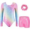Zaclotre Gymnastics Leotards for Girls Long Sleeve Sparkly Dance Unitards Biketards with Tumbling Shorts(Rainbow Star)