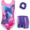 Zaclotre Gymnastics Leotards for Girls Sparkly Ballet Dance Biketards Tumbling Outfit with Matching Shorts Set(Marble Rose Purple)