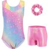 Zaclotre Gymnastics Leotards for Girls Sparkly Ballet Dance Biketards Tumbling Outfit with Matching Shorts Set(Rainbow Stars)