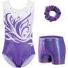 Zaclotre Gymnastics Leotards for Girls Sparkly Ballet Dance Biketards Tumbling Outfit with Matching Shorts Set(Shiny Purple White)