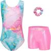 Zaclotre Gymnastics Leotards for Girls Sparkly Sleeveless Dance Unitards Biketards with Gym Shorts(Pink/Green Marble)