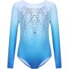 Zaclotre Kid Girls Gymnastic Leotard Long Sleeve Color Gradient Sparkly Ballet Dance One Piece Outfit(Blue)
