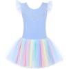 Zaclotre Kid Girls Ruffle Sleeve Ballet Skirted Leotard Shiny Dance Tutu Dresses(Blue Rainbow)