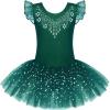 Zaclotre Kid Girls Ruffle Sleeve Ballet Skirted Leotard Shiny Dance Tutu Dresses(Dark Green)