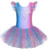 Zaclotre Kid Girls Ruffle Sleeve Ballet Skirted Leotard Shiny Dance Tutu Dresses(Rainbow Mermaid)