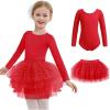 Zaclotre Toddler Girls Ballet Leotards with Tutu 4-Layers Tiered Long Sleeve Ballerina Dance Costumes(Red)
