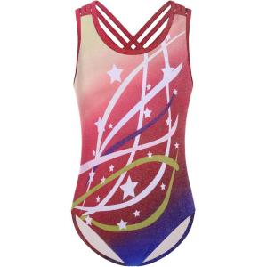 Zaclotre Ballet Leotard for Girls Crisscross Straps Gymnastic Outfits Hollow Back Dance Leotards(Yellow/Rainbow Stars)