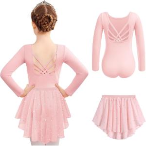 Zaclotre Ballet Leotards for Girls Long Sleeve Crisscross Back Dance Outfit with Removable Shiny Skirt Leotard Combo(Ballet Pink)