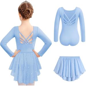Zaclotre Ballet Leotards for Girls Long Sleeve Crisscross Back Dance Outfit with Removable Shiny Skirt Leotard Combo(Blue)