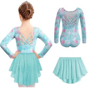 Zaclotre Ballet Leotards for Girls Long Sleeve Crisscross Back Dance Outfit with Removable Shiny Skirt Leotard Combo(Blue Mermaid)
