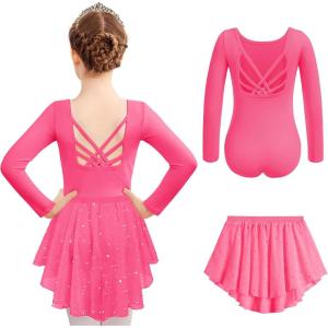 Zaclotre Ballet Leotards for Girls Long Sleeve Crisscross Back Dance Outfit with Removable Shiny Skirt Leotard Combo(Hot Pink)