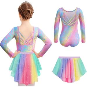 Zaclotre Ballet Leotards for Girls Long Sleeve Crisscross Back Dance Outfit with Removable Shiny Skirt Leotard Combo(Rainbow Leopard)