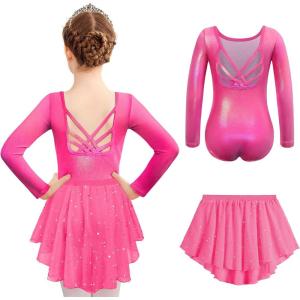 Zaclotre Ballet Leotards for Girls Long Sleeve Crisscross Back Dance Outfit with Removable Shiny Skirt Leotard Combo(Shiny Pink)